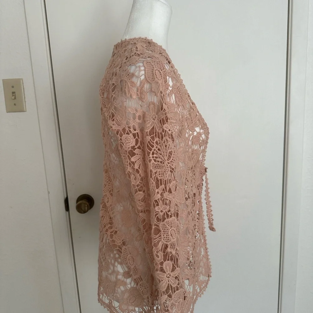 Chicos Cardigan Womens Pink Crochet Lace 30 Year Anniversary Boho Artsy Sz 0 Sm